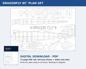 Dragonfly Model Airplane Plans PDF, 85 Inch 1938 Vintage Gas Model, Full Size and Letter Tiled Pages, Balsa Builder Plan Set Download