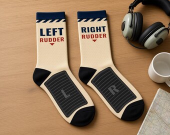 Rudder Pedal Socks for Pilots, Left Rudder Right Rudder Funny Aviation Socks, Cream and Red, Student Pilot Gift, Flight Instructor Gift