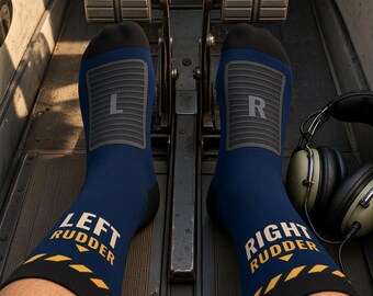 Rudder Pedal Socks for Pilots, Left Rudder Right Rudder Funny Aviation Socks, Navy and Yellow, Student Pilot Gift, Flight Instructor Gift