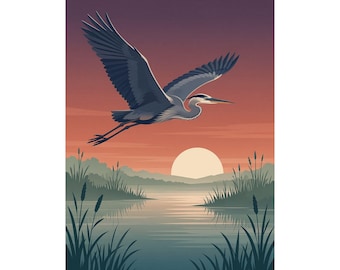 May include: A vertical art print featuring a blue heron in flight over a calm lake at sunset. The scene includes tall reeds in the foreground, a large pale sun on the horizon, and a gradient sky transitioning from deep purple to orange.
