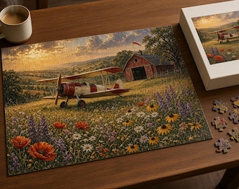 Vintage Biplane Jigsaw Puzzle 1000 Piece, Wildflower Meadow Airfield, Gold Metallic Look Aviation Puzzle, Pilot Gift, Airplane Art Puzzle