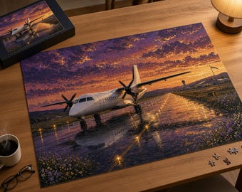 Airplane Jigsaw Puzzle 1000 Piece, Twin Turboprop on Runway at Dusk, Gold Metallic Look Aviation Puzzle, Pilot Gift, Airport Art Puzzle
