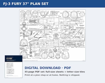FJ-3 Fury Model Jet Plans PDF, 37 Inch 1962 Vintage Balsa Jet, Full Size and Letter Tiled Pages, Scale Model Plan Set Download