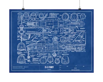 FJ-3 Fury Jet Blueprint Poster, 1962 Model Airplane Plan Art, Vintage Fighter Jet Print, Aviation Gift for Pilot, Poster Wall Decor