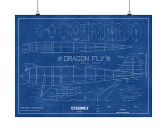 Dragonfly Airplane Blueprint Poster, 1938 Model Plane Wall Art, Vintage Aviation Print, Gift for Pilot or Dad, Airplane Poster Decor