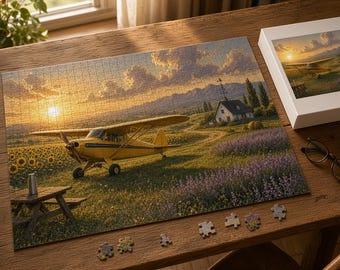 Vintage Taildragger Jigsaw Puzzle 1000 Piece, Grass Strip and Sunflowers, Gold Metallic Look Aviation Puzzle, Pilot Gift, Airplane Puzzle
