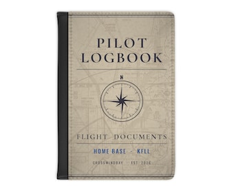 Vintage Pilot Logbook Passport Cover, Flight Documents Passport Holder, Aviation Gift, Compass Rose, Personalized Home Base, Faux Leather