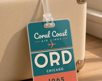 Retro Airline Luggage Tag, Personalized Airport Code Bag Tag, Vintage 1960s Travel, Coral Coast Air Lines, Custom City Year, Aviation Gift