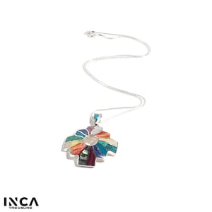Peruvian Chakana Pendant Necklace with Shell and Stone Inlay - 950 Sterling Silver