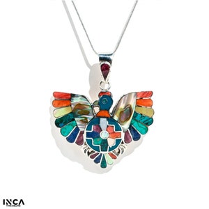 Peruvian Condor & Shield Pendant - 950 Sterling Silver Shell and Stone Inlay