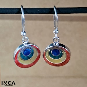 Pachamama Earrings, Pendant Earrings, Peruvian Jewelry inlaid with semi-precious stones, Handmade 950 Silver, Artisanal Peruvian Jewelry.