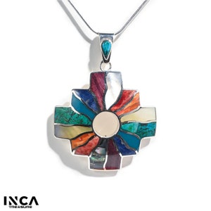 Peruvian Chakana Pendant Necklace with Shell and Stone Inlay - 950 Sterling Silver