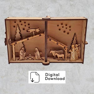May include: A wooden Nativity scene in a box, featuring laser-cut figures of Mary, Joseph, baby Jesus, animals, and the Three Wise Men. The box has a hinged design and includes a star and tree cutouts. The words "Digital Download" are also visible.