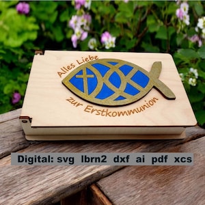 Communion, première communion, boîte à bons, tirelire, boîte à surprises, boîte cadeau avec couvercle à charnière, fichier svg pour découpeuse laser, cadeau de communion