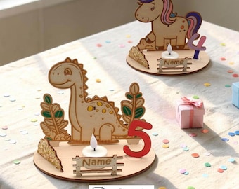 Birthday plate for a children's birthday party as decoration for the birthday table with dinosaur and unicorn motif and candle holder | SVG file laser laser