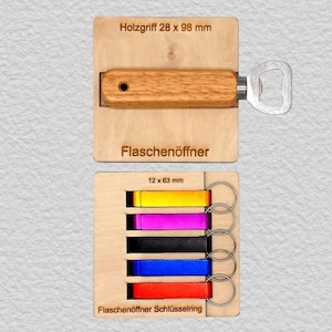 May include: A wooden bottle opener with a 28 x 98 mm handle and a metal head, accompanied by a wooden display board featuring five smaller bottle openers with keyrings in yellow, purple, black, blue, and red, labeled 12 x 63 mm.