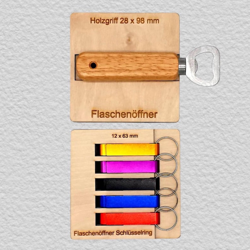 May include: A wooden bottle opener with a 28 x 98 mm handle and a metal head, accompanied by a wooden display board featuring five smaller bottle openers with keyrings in yellow, purple, black, blue, and red, labeled 12 x 63 mm.