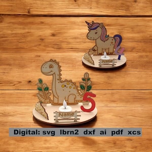 Geburtstagsteller, Kindergeburtstag Geburtstagsaufsteller Geburtstags Tischdeko svg Datei für Lasercutter, Dino und Einhorn, Kerzenhalter
