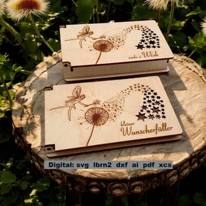 piccola scatola che esaudisce i desideri, scatola, scatola dei buoni, salvadanaio, dente di leone, compleanno, coperchio incernierato, esprimi un desiderio, file svg per laser cutter