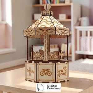 May include: A light-colored wooden carousel lamp featuring a hexagonal base with engraved icons of an airplane, bicycle, and horse. The roof has a zigzag pattern and small owl faces. The structure includes a central pillar and a digital download label.
