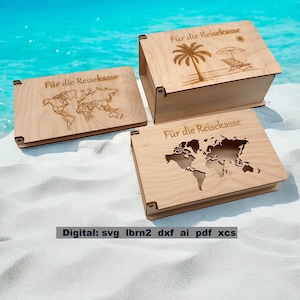 Reisekasse Urlaubsgeld, Box für Geldschein oder Gutschein, Schachtel mit Klappdeckel, svg Datei für Lasercutter zum Download, Wunscherfüller