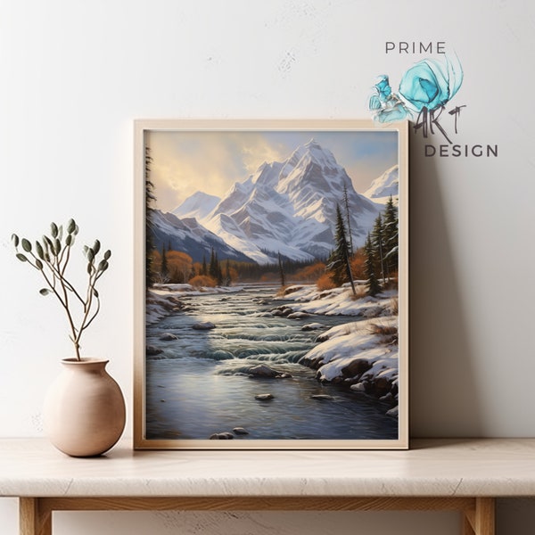 Majestic Mountain Wall Print - Snowy River Scene - Perfect for Home or Office Decor - Artistic Christmas Painting