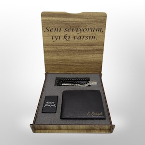 Tesbih Geschenkset für Männer mit Echt Leder Geldbörse/Etui und Benzin Feuerzeug