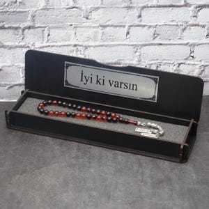 Kehribar Tesbih / Sikma gebedskralen, naamgravering met doosje