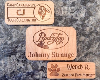 Engraved Wooden Name Tag: Custom Alder Wood Badge, Magnet or Pin