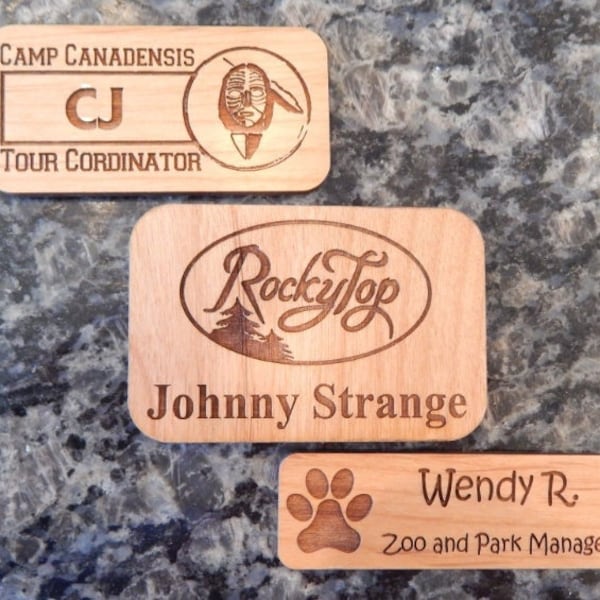 Wooden engraved custom name tag / badge with magnet, clutch or pin back. available in 3 size options