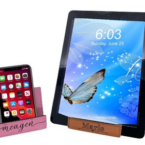 Soporte de cuero personalizado para teléfono, iPhone y tableta en varios colores. Caballete grabado para iPad, regalo para iPhone, envío gratis.