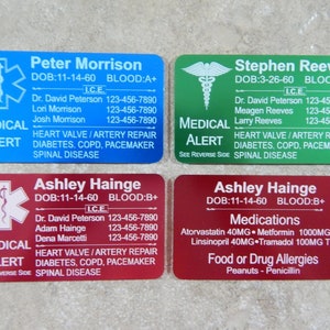Medical alert medic metal engraved wallet insert, custom wallet insert personalized wallet card aluminum engraved wallet card:  10 colors