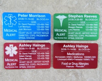 Medical alert medic metal engraved wallet insert, custom wallet insert personalized wallet card aluminum engraved wallet card:  10 colors