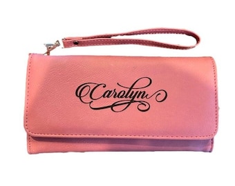 Laser Engraved Leather Clutch Wallet with Strap: Personalized Monogram