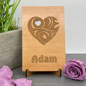 Laser engraved wooden greeting card, customization options. valentines / anniversary love you heart with heart free shipping
