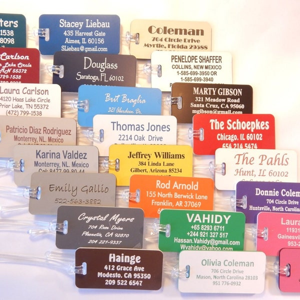 Five personalized custom engraved luggage tags 24 colors to choose from.