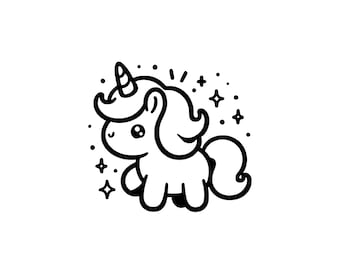 May include: A black and white line drawing of a cute cartoon unicorn with a horn, mane, and tail. The unicorn is surrounded by small stars.