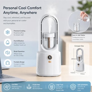 Peut inclure: Un rafraîchisseur d'air et humidificateur portable blanc avec un cadre ovale vertical émettant de la brume. L'appareil dispose d'un écran numérique affichant le chiffre 6, d'un bouton d'alimentation et d'un réservoir d'eau transparent. Dimensions : 265mm x 112mm x 112mm.