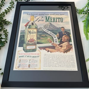 Pubblicità originale del rum di montagna portoricano Ron Merito del 1942 - Formato A3