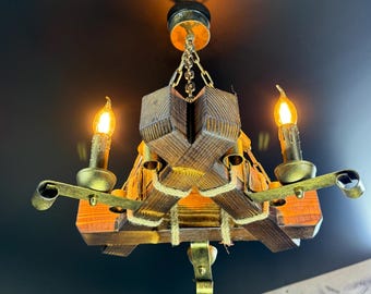 Handmade Pine Wooden Chandelier, Medieval Farmhouse Pendant Light