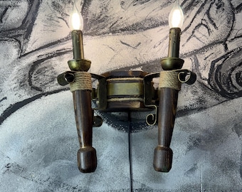 Handmade Pine Wood Sconce, Rustic Farmhouse Wall Lamp, Medieval Style Lighting