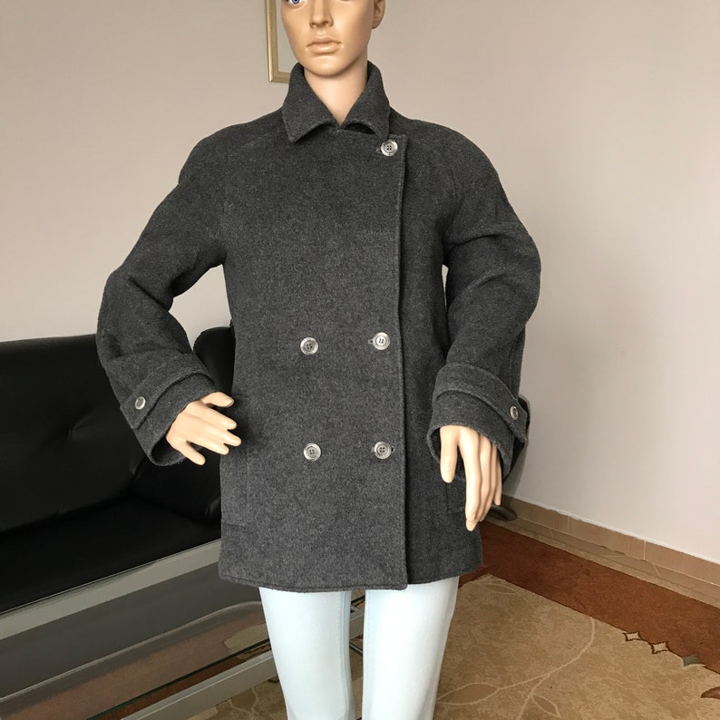 Vintage 80s Grey Checked Double Breasted Wool Coat Large