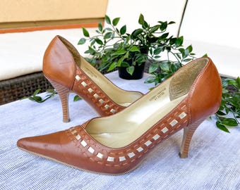 Vintage Brown Heels | 2000s Dunnes Pumps | Size EU 37 UK 4 | Faux Leather Shoes | Retro Cutout Stilettos