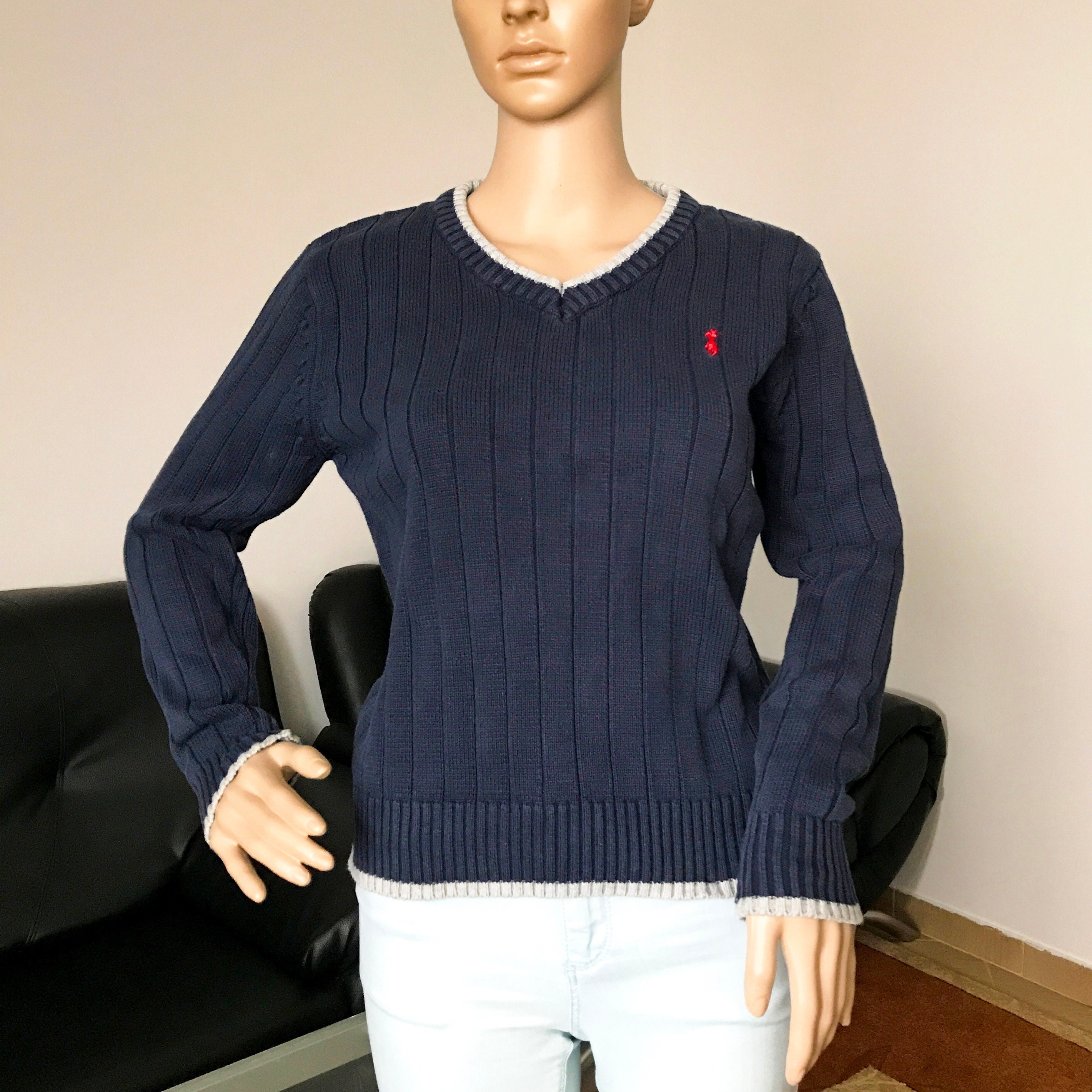 90s Polo Ralph Lauren Vintage Sweater Navy Blue Knit Sweater V 