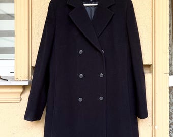 Abrigo marinero negro y azul marino estilo vintage de los años 80/90. Abrigo de lana cruzado. Chaqueta de primavera. Abrigo marinero para mujer. Abrigo corto para mujer.