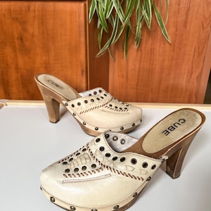 Vintage 90s CUBE Wooden Platform Clogs Leather Studded Mules Boho Western Y2K Heeled Sandals Size: EU 36 US 6