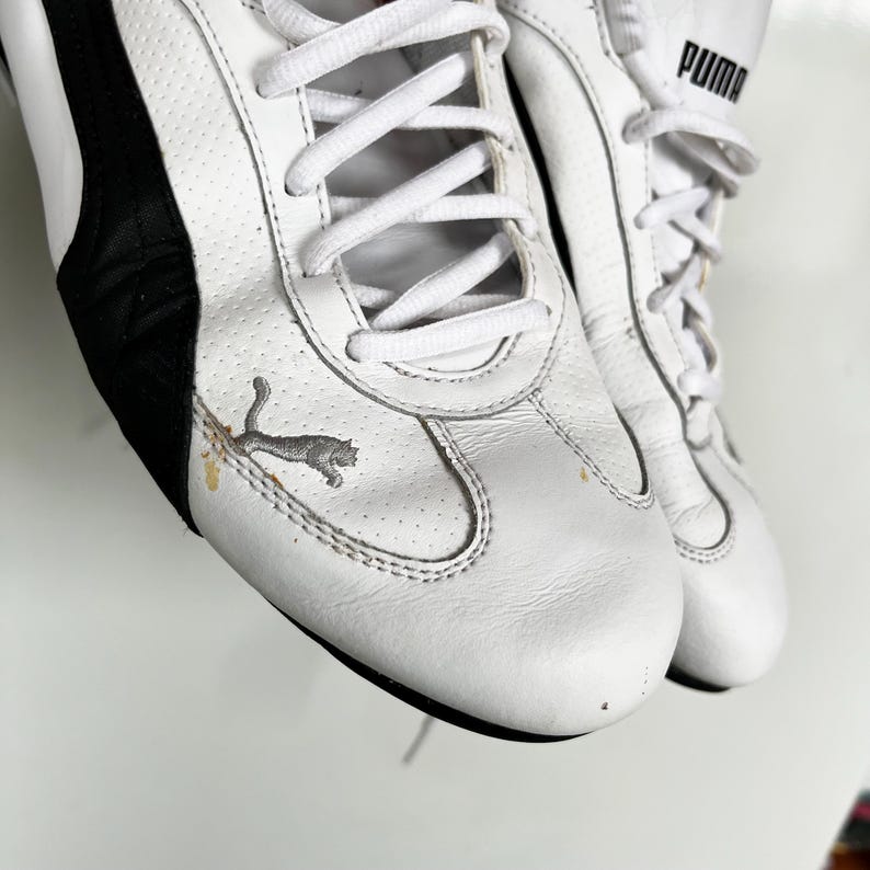 Pu&ograve; includere: Un paio di scarpe da ginnastica Puma in pelle bianca con dettagli neri e un logo Puma sul lato. Le scarpe hanno lacci e una suola in gomma bianca.