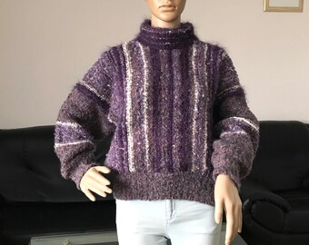 Maglione vintage in mohair BHS anni '80 Maglione con maniche a pipistrello Maglione in maglia bouclé Abbigliamento da donna Maglione in lana viola Maglione a collo alto