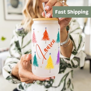 Christmas Glass  Iced Coffee Glass Cup Christmas Glass Can Gift for Friends Christmas Coffee Mug Stocking Stuffer Can Party Favor