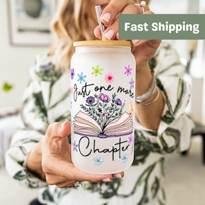 Just one More Chapter Glass Can Book Lover Gift Personalized 16oz With Lid and Straw Floral Iced Coffee Glass Reader Gift Book Club Gifts